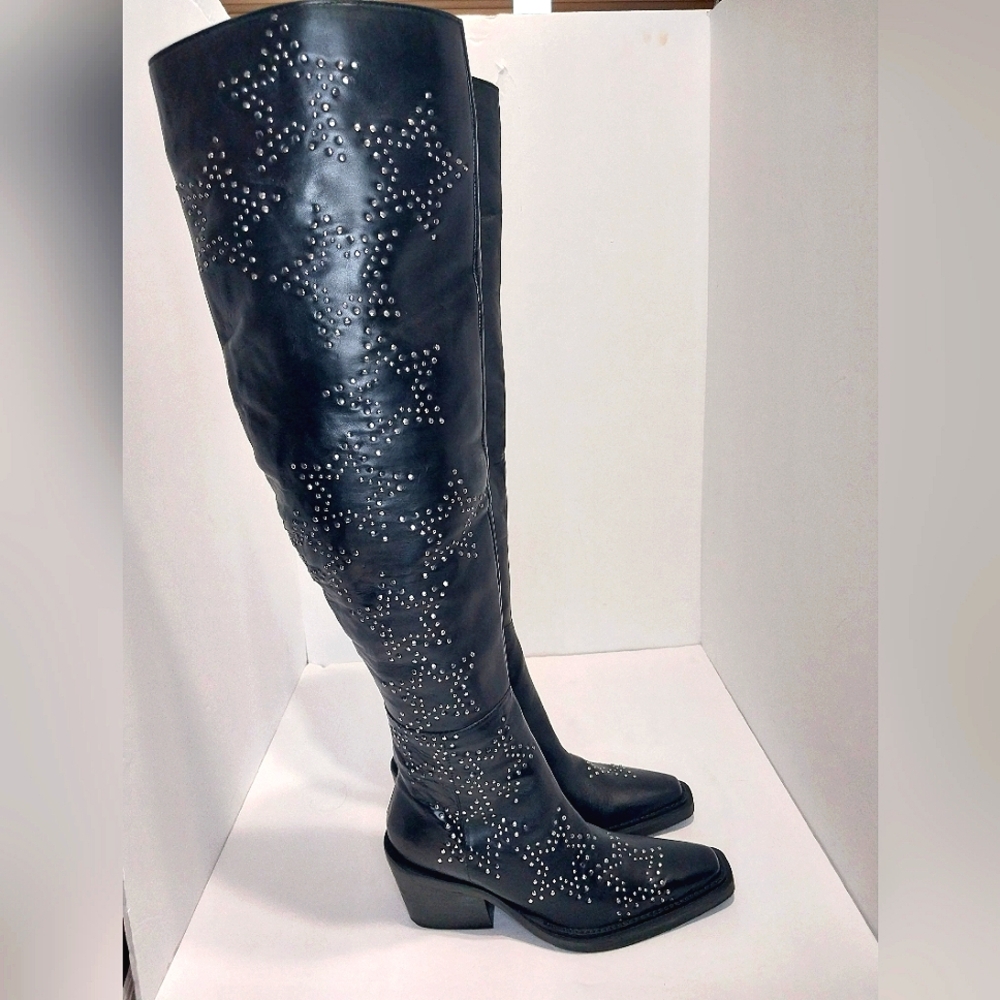 Nasty Gal Real Leather Star Studded Over The Knee Western Boots, NEW, Size 36 - Picture 12 of 14
